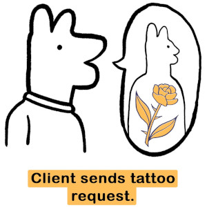 Comic panel of client requesting a tattoo booking