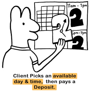Comic panel of client finding a time in the calendar